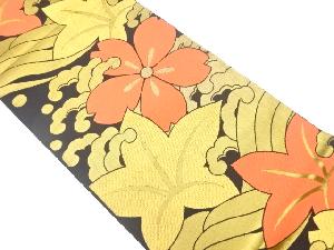 荒波に花・葉模様織出し全通袋帯